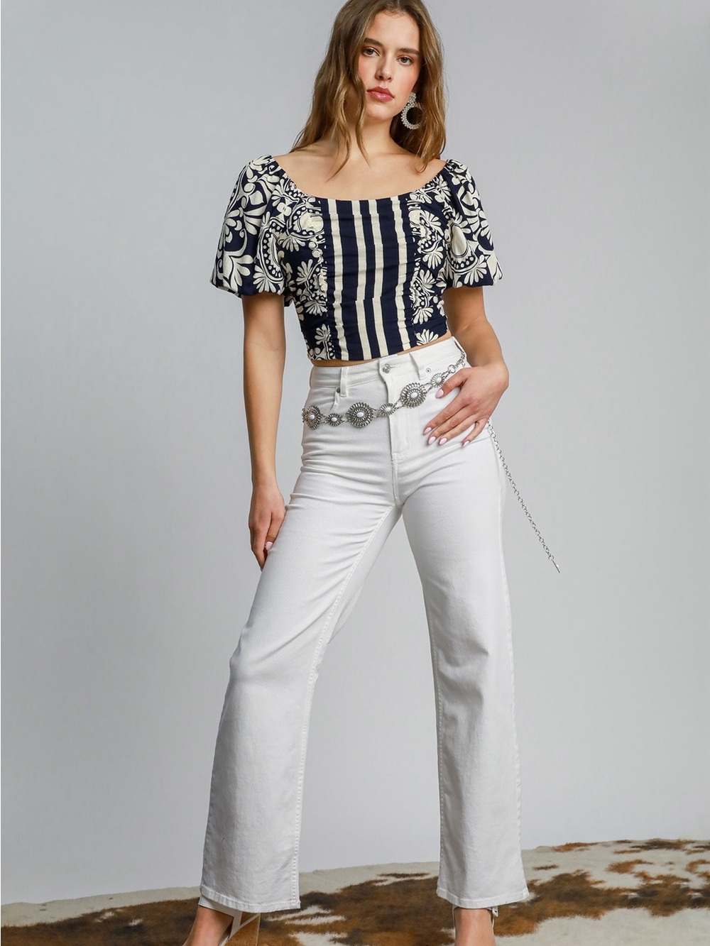 Umgee Navy & White Floral Scarf Print Crop Top